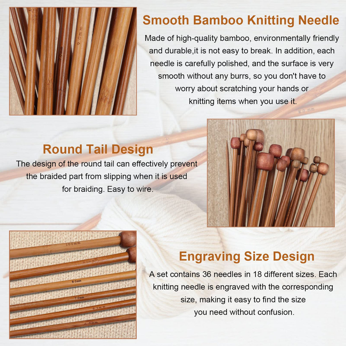 Aeelike Bamboo Knitting Needles 18 Pairs Knitting Needles Set - 10 Inches Wooden Knitting Needle Single Point Knitting Needles with Roll Bag - Portable Knitting Needle Set for Beginners (2mm - 10mm) Aeelike