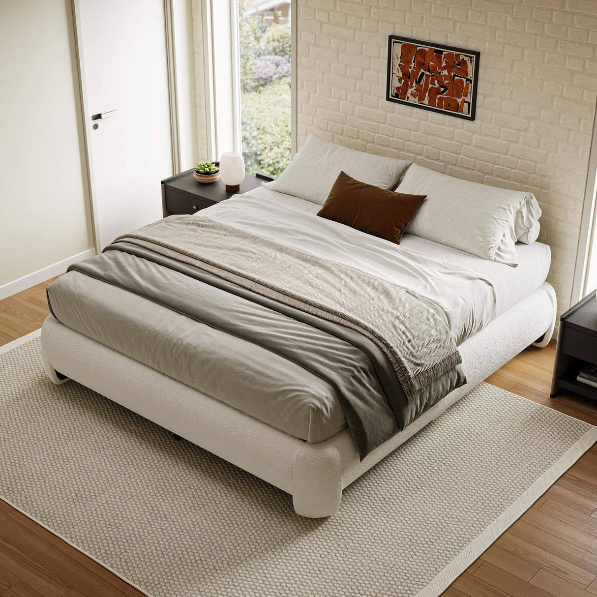 ZENBEDING Cloud Bed Frame King Size, Soft Boucle Bed Frame with Round Corner, Upholstered King Size Bed Frame with Heavy Duty Wood Slat, No Box Spring Needed, Easy Assembly, White ZENBEDING