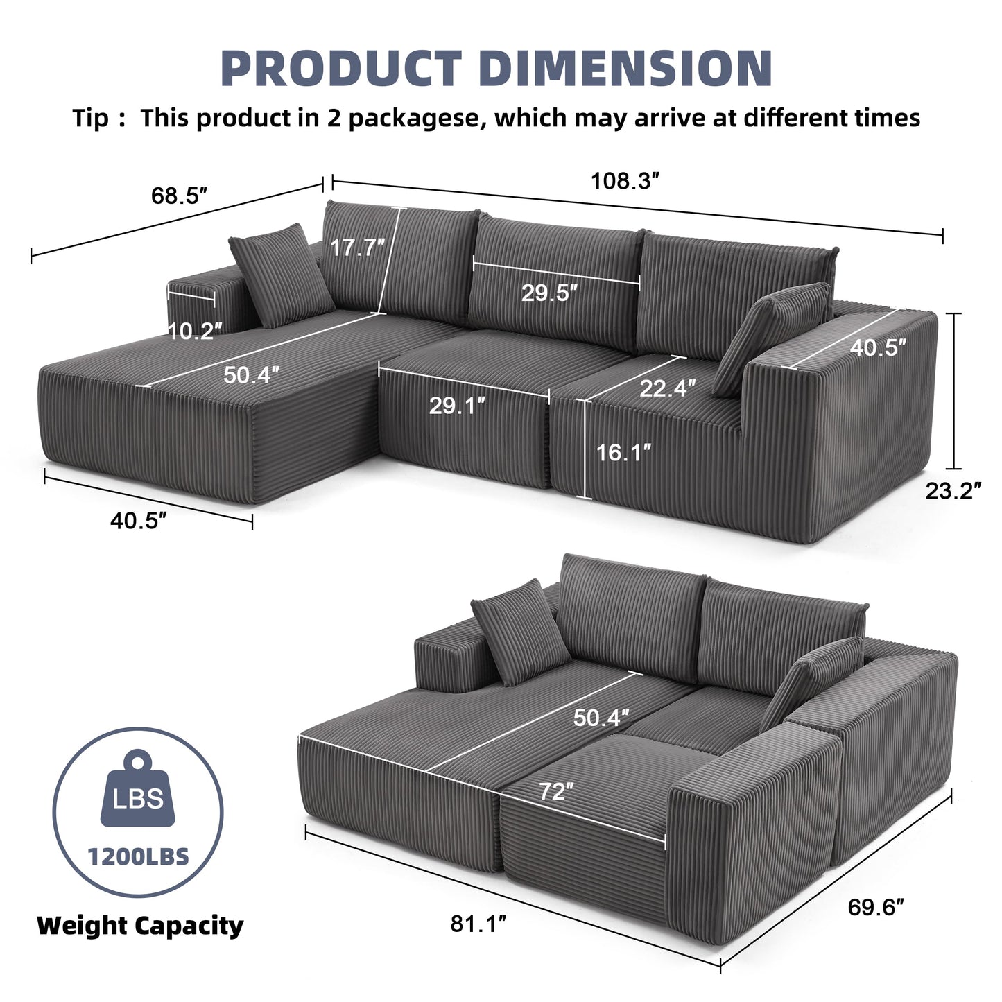 Weture 108” Modular Sectional Sofa, Cloud Sectional Couch with Deep Seat, Modern Modular L-Shape Sofa Couch with Chaise,Upholstered Couches for Living Room Bedroom (Corduroy, Dark Grey)