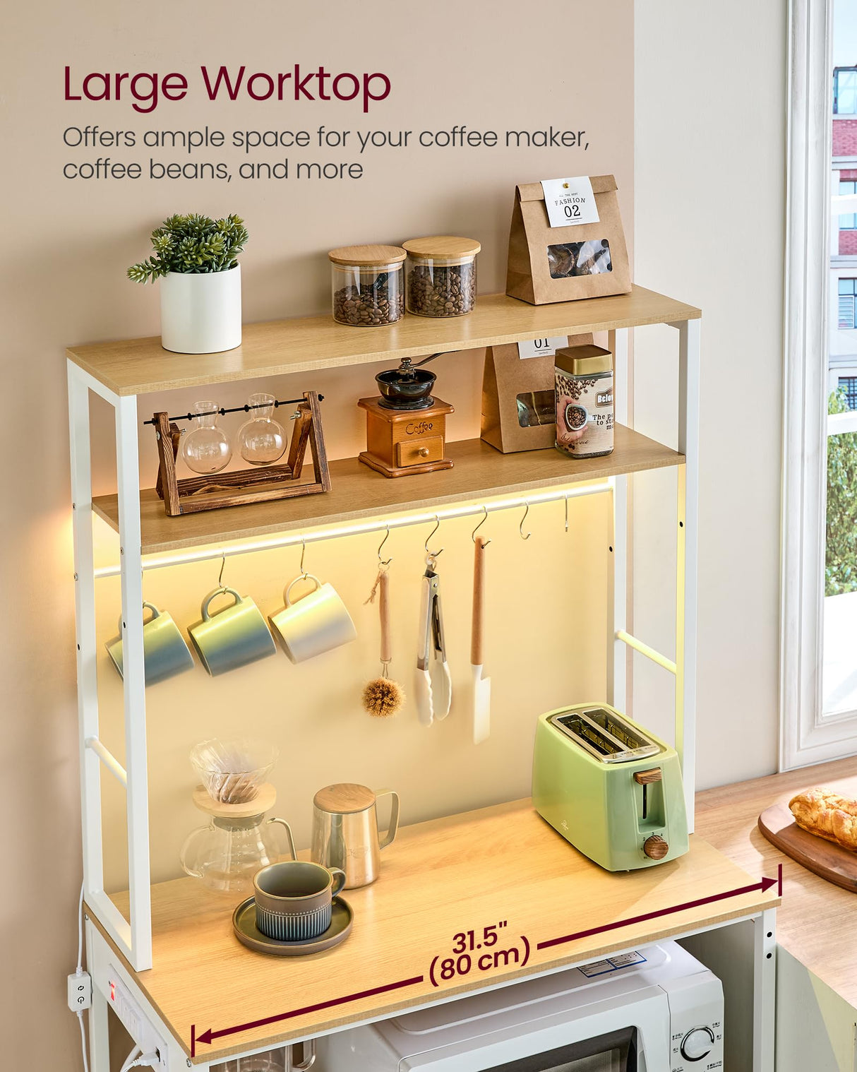 VASAGLE Coffee Bar with LED Lights, Kitchen Bakers Rack with Power Outlet, Microwave Stand with Adjustable Shelves, 8 Hooks, 15.7 x 31.5 x 65.7 Inches, Golden Oak and Matte White UKKS050Y01 VASAGLE