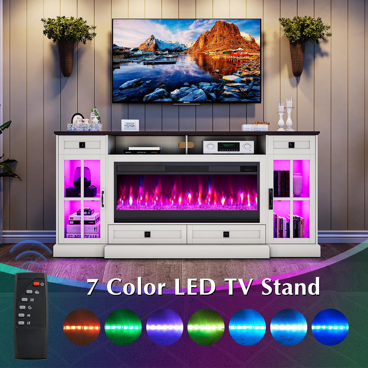 LUXOAK 70'' Large Fireplace TV Stand with 42" Fireplace, Farmhouse Entertainment Center with LED Lights for TVs up to 80'', Highboy TV Console Table with Glass Door for Living Room, Barnwood+White LUXOAK