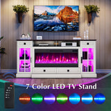 LUXOAK 70'' Large Fireplace TV Stand with 42" Fireplace, Farmhouse Entertainment Center with LED Lights for TVs up to 80'', Highboy TV Console Table with Glass Door for Living Room, Barnwood+White LUXOAK