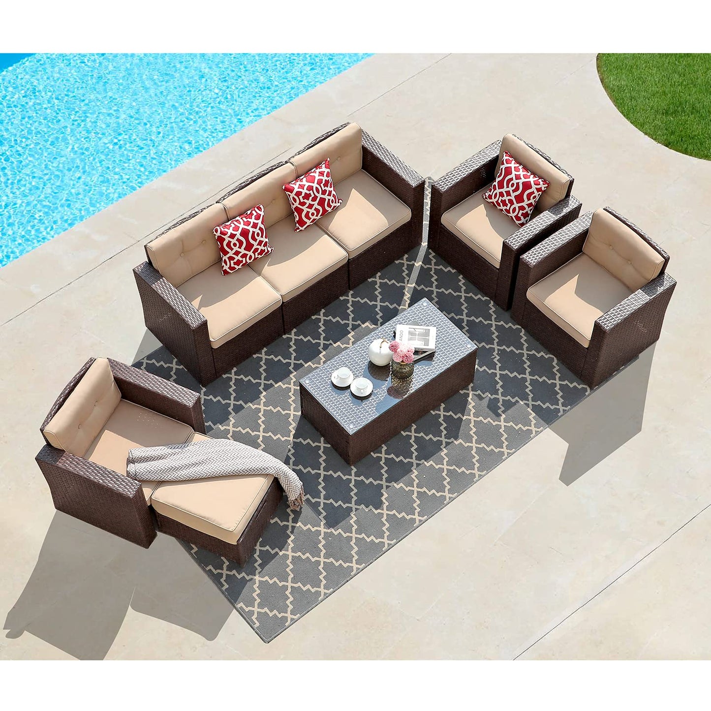 Super Patio 8 Piece Outdoor Patio Furniture Set, Patio Conversation Sets, All-Weather PE Wicker Outdoor Sectional Sofa with Ottoman, Tempered Glass Coffee Table, Three Red Pillows, Espresso B - WoodArtSupply