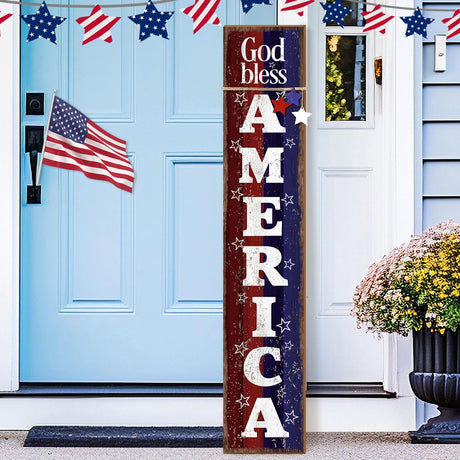 Chitidr Patriotic Porch Sign 42" H 4th of July Door Decorations for Front Porch Wooden Independence Day Red White Blue Vertical God Bless Sign Outdoor America Decorations for Farmhouse Memorial Day Chitidr