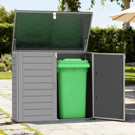 HUGROVE 49.5 Cu ft Storage Shed, 4.6 x 4.1 FT Outdoor Storage Horizontal Resin Shed, Weather Proof Water Proof PP Material, Lockable Door, Outdoor Storage Box for Trash Cans, Patio, Garden (4.6x4.1) HUGROVE