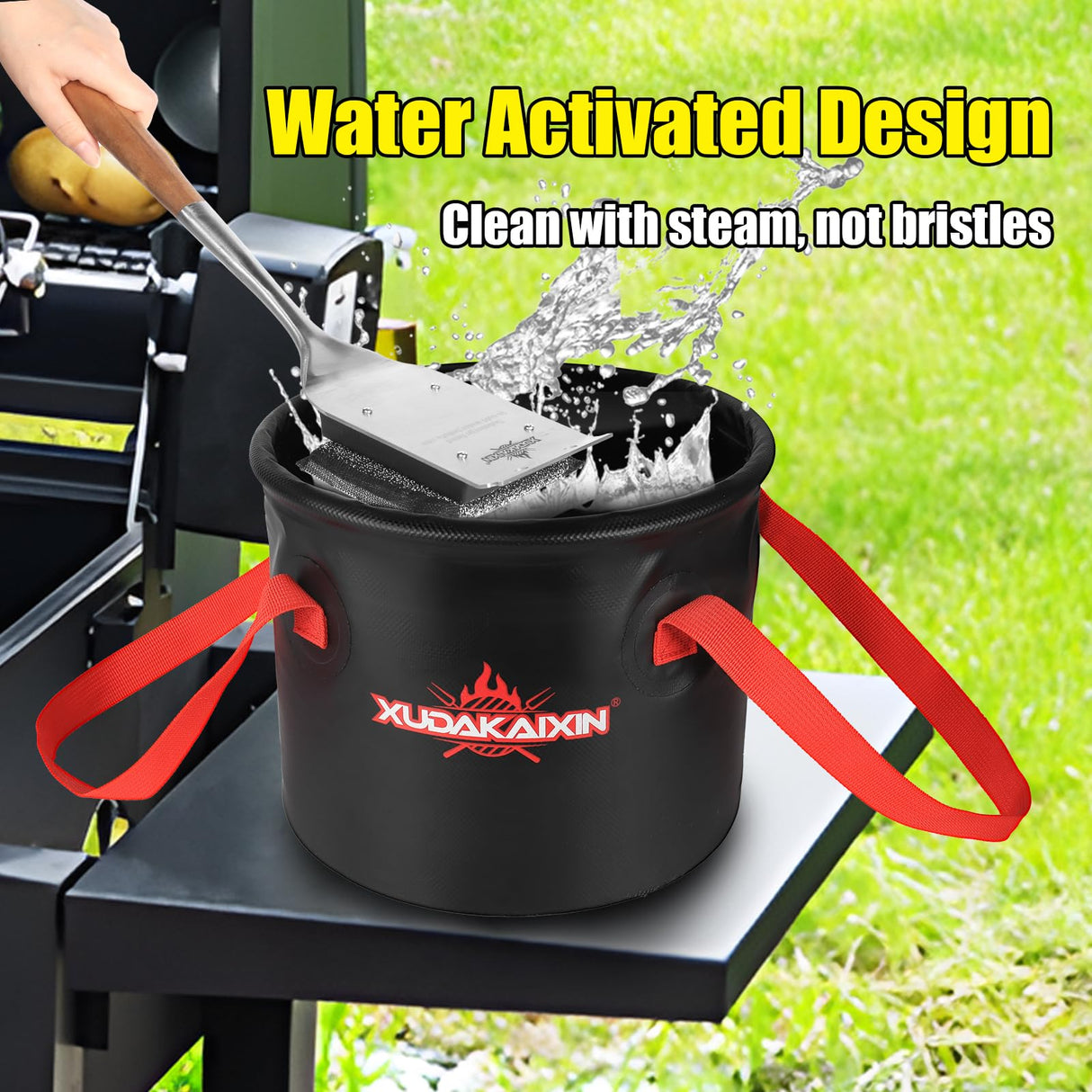 XUDAKAIXIN 18” Extra Strong Steel Fibers Steam Grill Brush-Bristle Free,Water-Activated Design Perfect for Any Grill - with Strong Stainless Steel Wooden Handle,Safe Grill Brush for Outdoor Grill XUDAKAIXIN