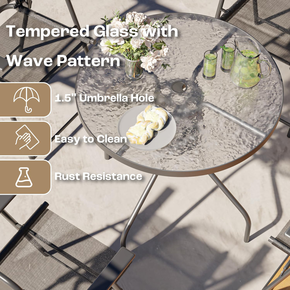 PUKAMI 6 Piece Folding Patio Dining Set with Umbrella, Outdoor Table and Chair with 4 Dining Chairs and Round Glass Table for Garden, Backyard and Deck, Black PUKAMI