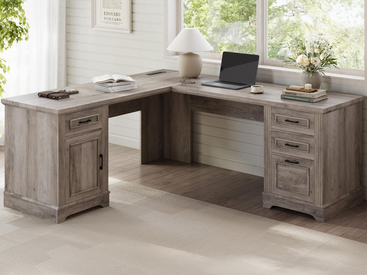 Itaar Farmhouse L Shaped Desk, Executive Computer Desk with Drawers and Storage Cabinet, Home Office Desk with File Drawer and Power Outlet, Corner Desk, Workstation for Office Home, Grey Itaar