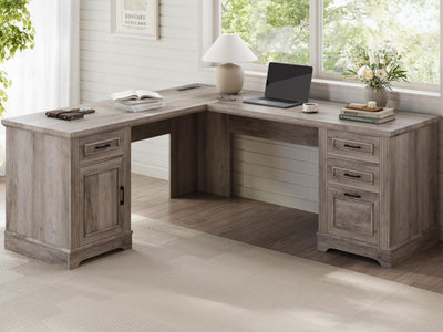 Itaar Farmhouse L Shaped Desk, Executive Computer Desk with Drawers and Storage Cabinet, Home Office Desk with File Drawer and Power Outlet, Corner Desk, Workstation for Office Home, Grey