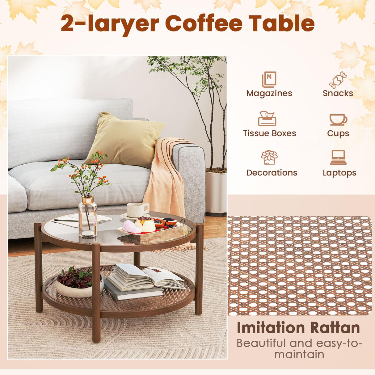 Giantex Rattan Coffee Table, Boho Round Glass Tea Table with PE Rattan Storage Shelf & Wood Frame, 2 Tier Accent Center Table for Living Room, Apartment, Small Space Giantex