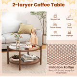 Giantex Rattan Coffee Table, Boho Round Glass Tea Table with PE Rattan Storage Shelf & Wood Frame, 2 Tier Accent Center Table for Living Room, Apartment, Small Space Giantex