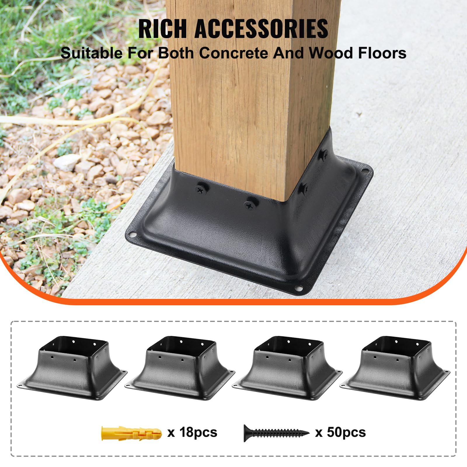 VEVOR 4x4 Post Base 4Pcs, Internal 3.6"x3.6" Heavy Duty Powder-Coated Steel Post Bracket Fit for Standard Wood Post Anchor, Decking Post Base for Deck Porch Handrail Railing Support - WoodArtSupply