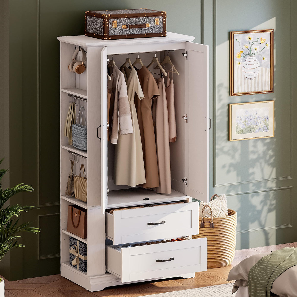 IRONCK Armoire Wardrobe Closet, 70.87" H Wooden Bedroom Armoire with 2 Louvered Doors, 2 Drawers and Shelves, Large Freestanding Clothing Storage Cabinet, White IRONCK