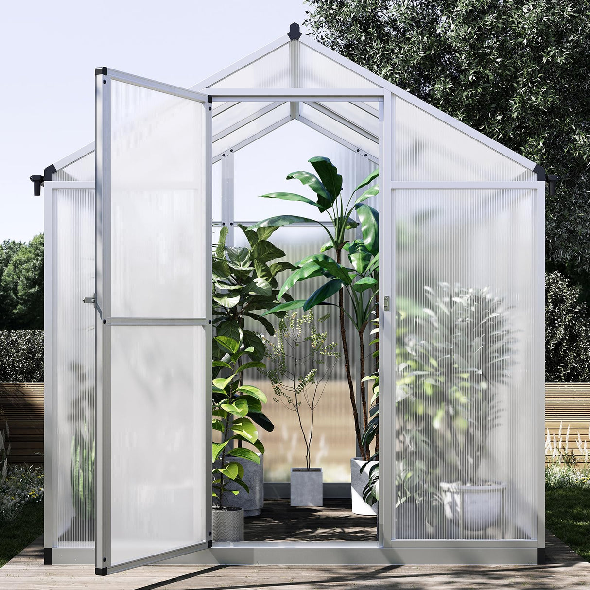 TROPOW 6.25 x 6 Ft Greenhouse for Outdoors with Quick Structure, Aluminum Alloy & Polycarbonate Green House with 24" x 23" Roof Windows Vent, Walk in Sunroom for Patio, Backyard, Garden,Silver TROPOW