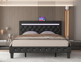 Benevika LED Upholstered Queen Size Bed Frame with Adjustable Headboard and USB Charging Station Benevika