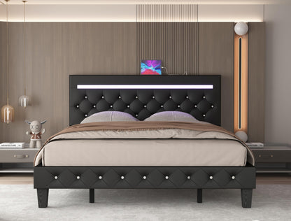 Benevika LED Upholstered Queen Size Bed Frame with Adjustable Headboard and USB Charging Station - WoodArtSupply