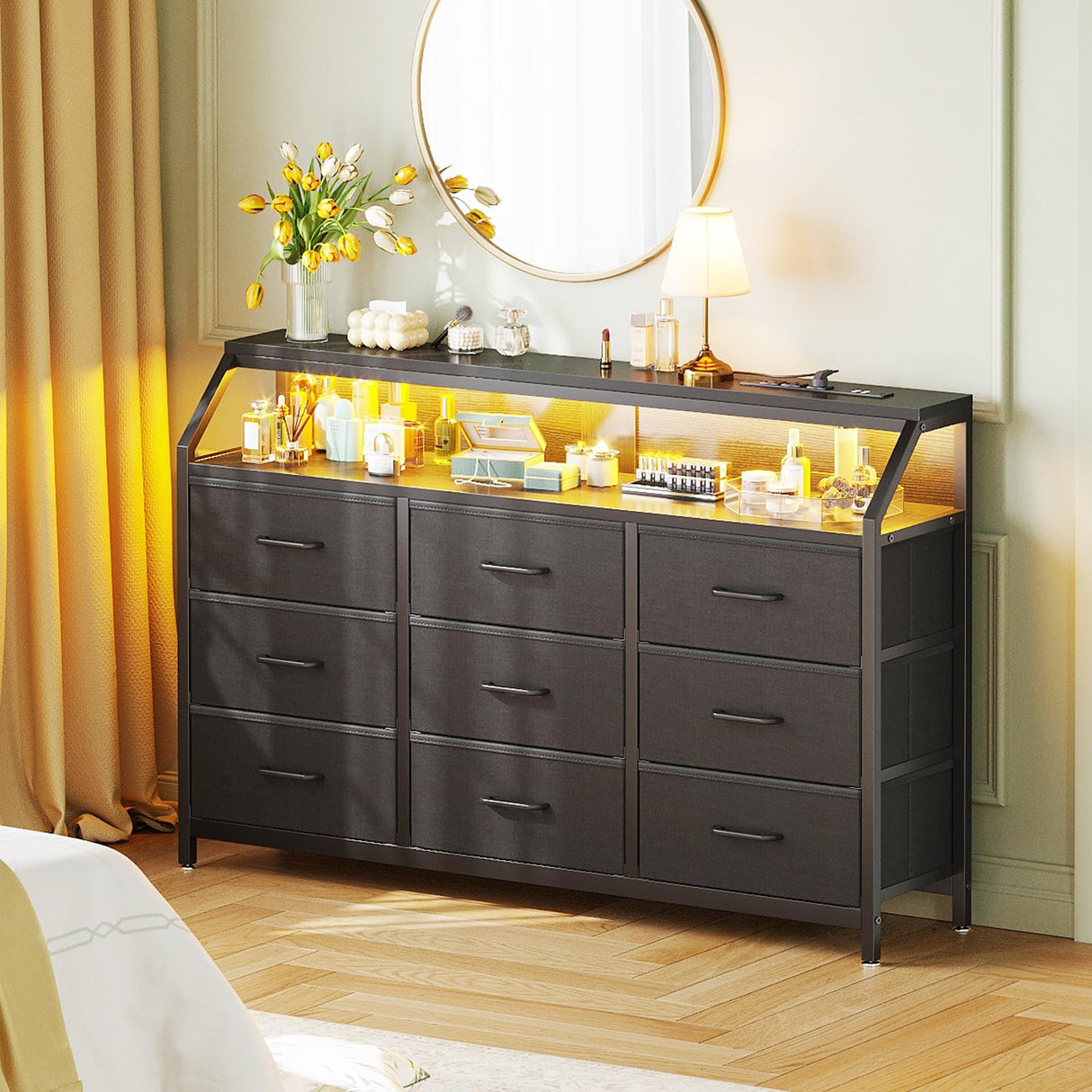 KKL Dresser for Bedroom with LED Lights, 9 Drawer Bedroom Dresser with Charging Station, Fabric Dressers & Storage Chest of Drawers with Shelves for Closet, Sturdy Steel Frame Wooden Top, Black KKL