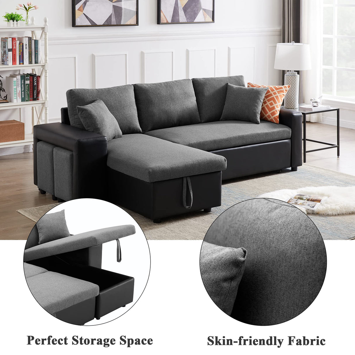 ARCLIS 92.5" Sleeper Sofa Bed, Convertible 3-Seater L-Shape Couch Bed with Storage Chaise 2 Stools Pull Out Sofa Bed, Corner Sectional Sleeper Couch for Living Room Apartment (Gray) ARCLIS