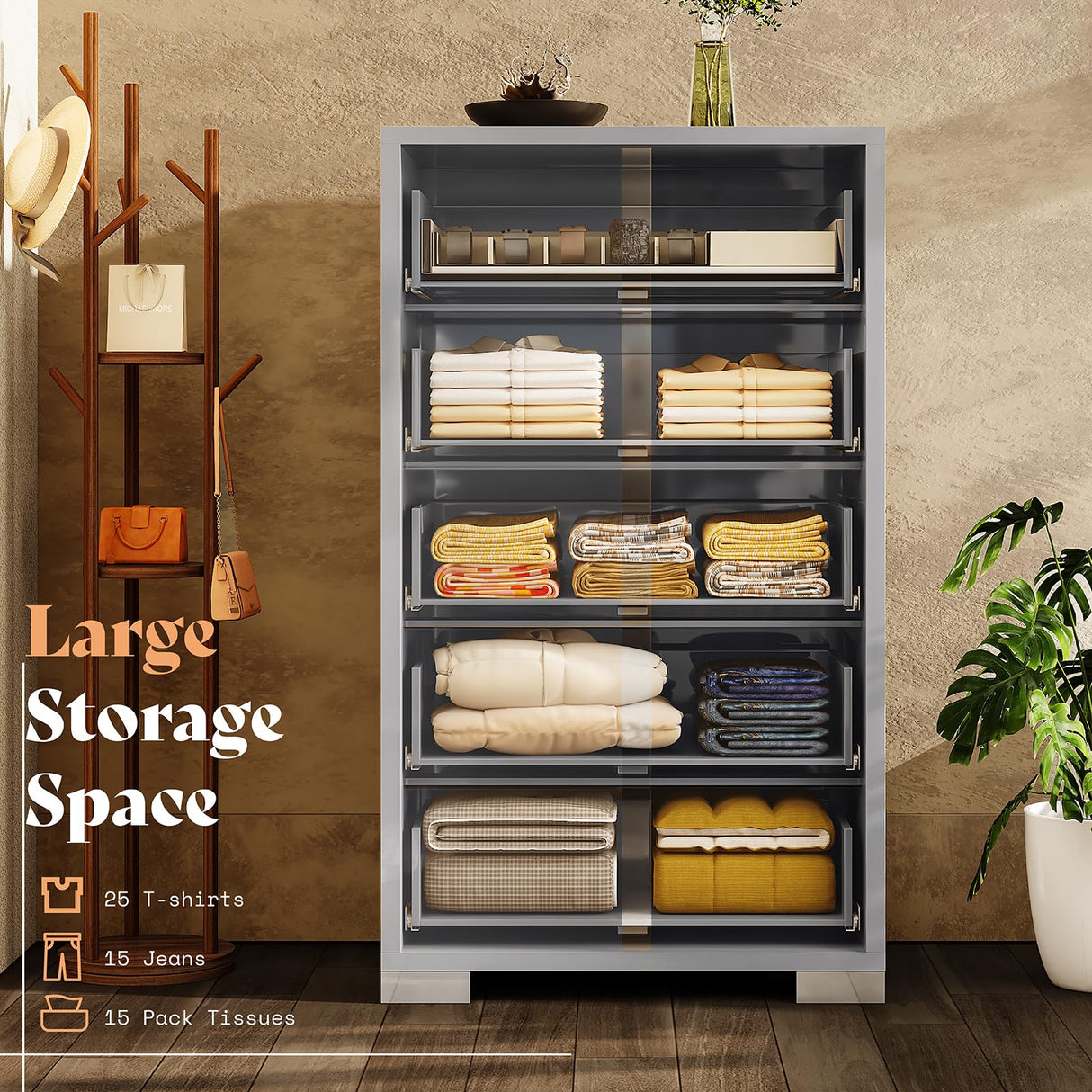 AMERLIFE 50.2" H Modern 5 Drawer Dresser, Glossy Surface Chest of Drawers, Large Storage Organizer for Bedroom, Living Room, Cloakroom, Luxury, Light Grey AMERLIFE