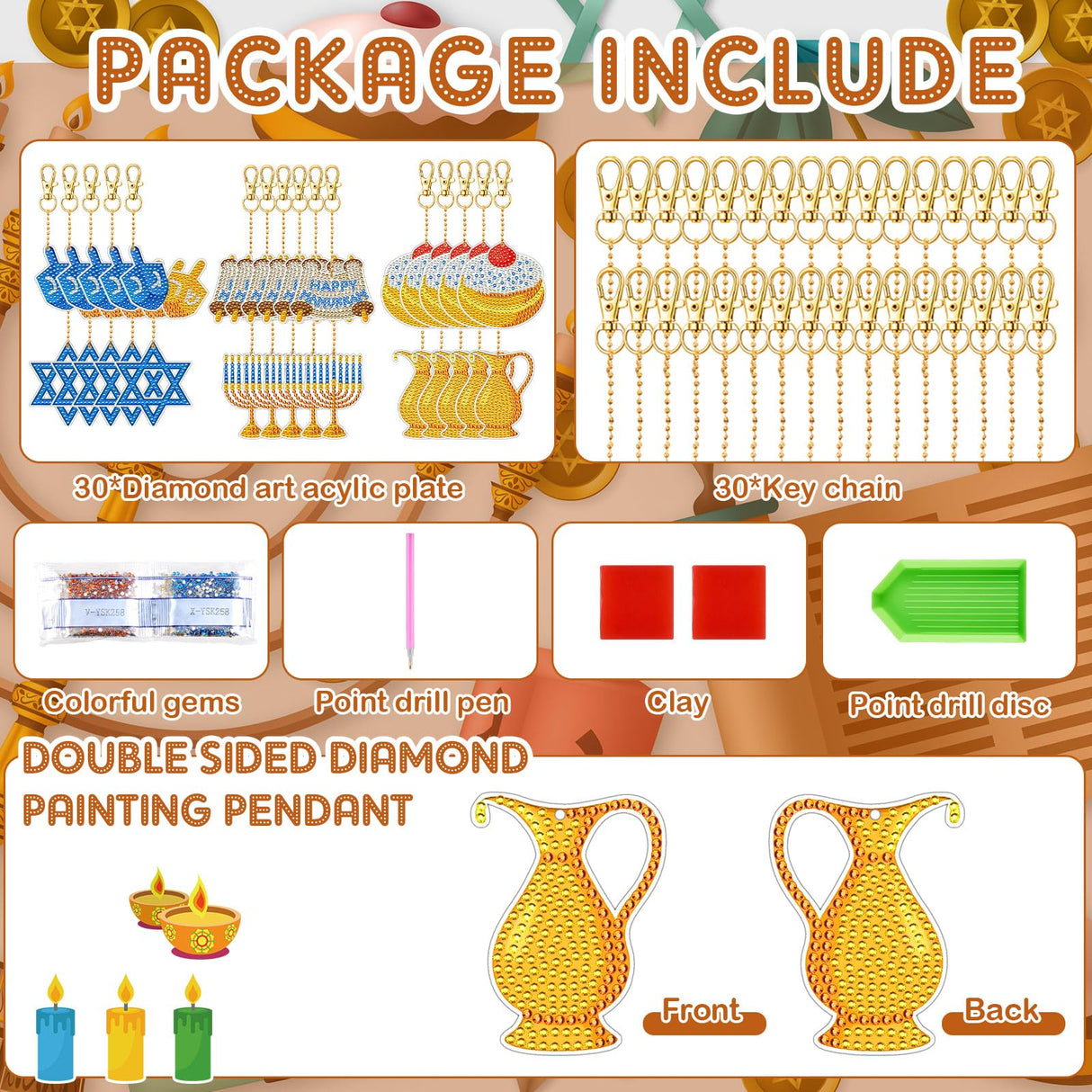 DEEKIN 30 Pcs Hanukkah Diamond Painting Keychains Hanukkah Crafts Ornaments Keychains Double Sided 5D Star Menorah Diamond Key Rings for Hanukkah DIY Birthday Party Supplies Favors Deekin