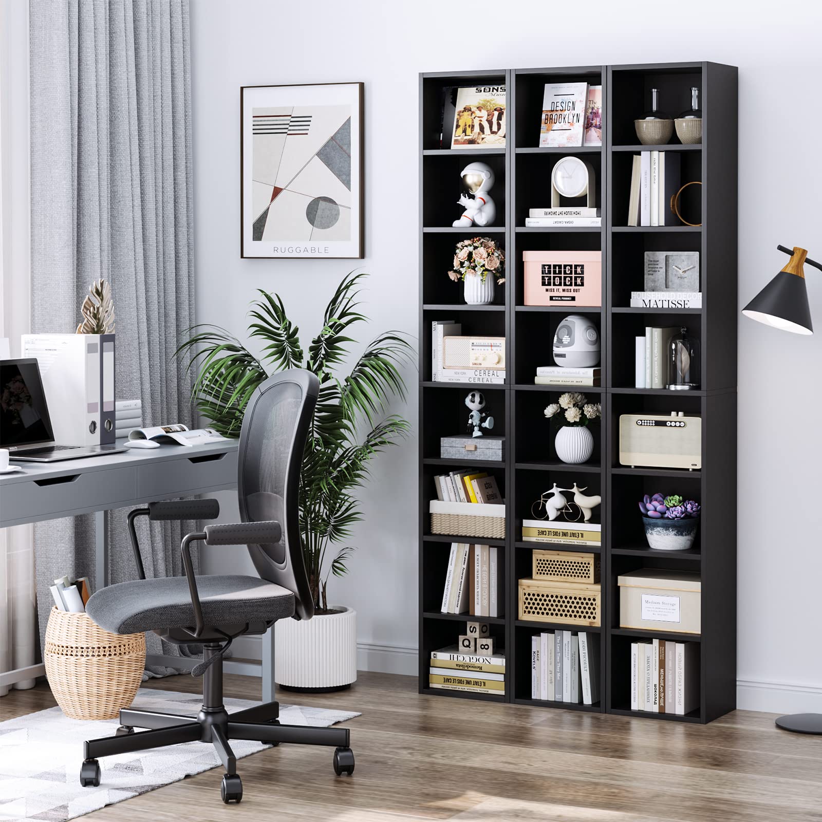 FOTOSOK 8-Tier Adjustable Media Tower Rack - Slim Black Storage Cabinet for CDs, DVDs, and Books - WoodArtSupply