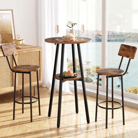 HOOBRO 3 Pieces Round Bar Height Table and Chairs Set, Round Dining Table Set, Pub Table and Chairs for Small Space, 2 Tier Kitchen Table and Bar Stools with Back, Rustic Brown BF35BT01 HOOBRO