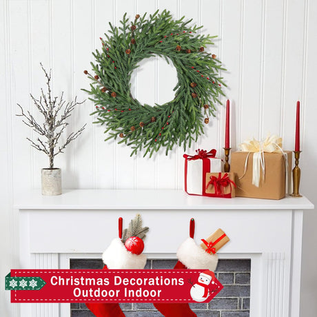 26 Inch Christmas Wreaths for Front Door with Red Berry Real Touch Large Artificial Xmas Winter Pine Cedar Wreaths for Windows Outdoor Christmas Home Yard Farmhouse Wall Front Door Porch Hanging Decor LZNPA