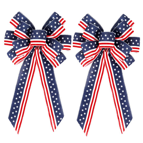 2 Pack 4th of July Decor Bow for Wreath,Red White Blue Stripe Stars Tree Topper Bows for Patriotic,Independence Day,Memorial Day,Veteran's Day,Front Door Indoor Outdoor Decorations Hongsome