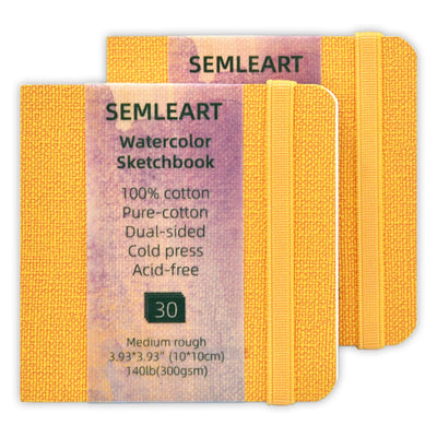 SEMLEART Watercolor Journal - Compact & Portable, 2 Pack, 3.93x3.93” 30 Pages Each, Cold-Pressed, 140lb/300gsm - Ideal for Sketching and Watercolor Painting on The Go (Orange)
