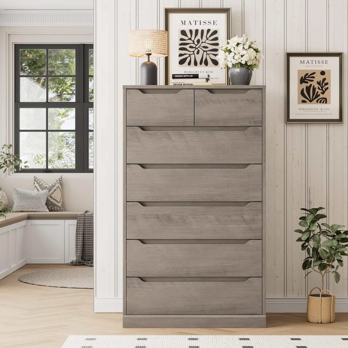 HITHOS 51" Tall 7 Drawers Dresser, Modern Grey Dresser, Wood Dressers & Chests of Drawers with Cut-Out Handles, Upright Drawer Chest, Accent Vertical Dressers Storage Cabinet for Living Room, Ash Gray HITHOS