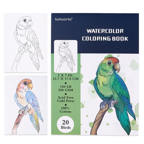 tumuarta Watercolor Coloring Book, 20 Unique Designs, 5x7”, 100% Cotton, 300GSM, 140 LB, Cold Press, Acid Free Watercolor Paper, Glue Bound Mixed Media Sketch Book Birds tumuarta