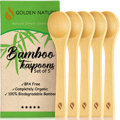 Golden Nature Bamboo Spoon Set (5 Pc), Small Kitchen Teaspoons, Tiny Wooden Spoons Perfect for Sugar, Spices, Seasoning, Coffee, Jam, Herbs, Honey & Dessert