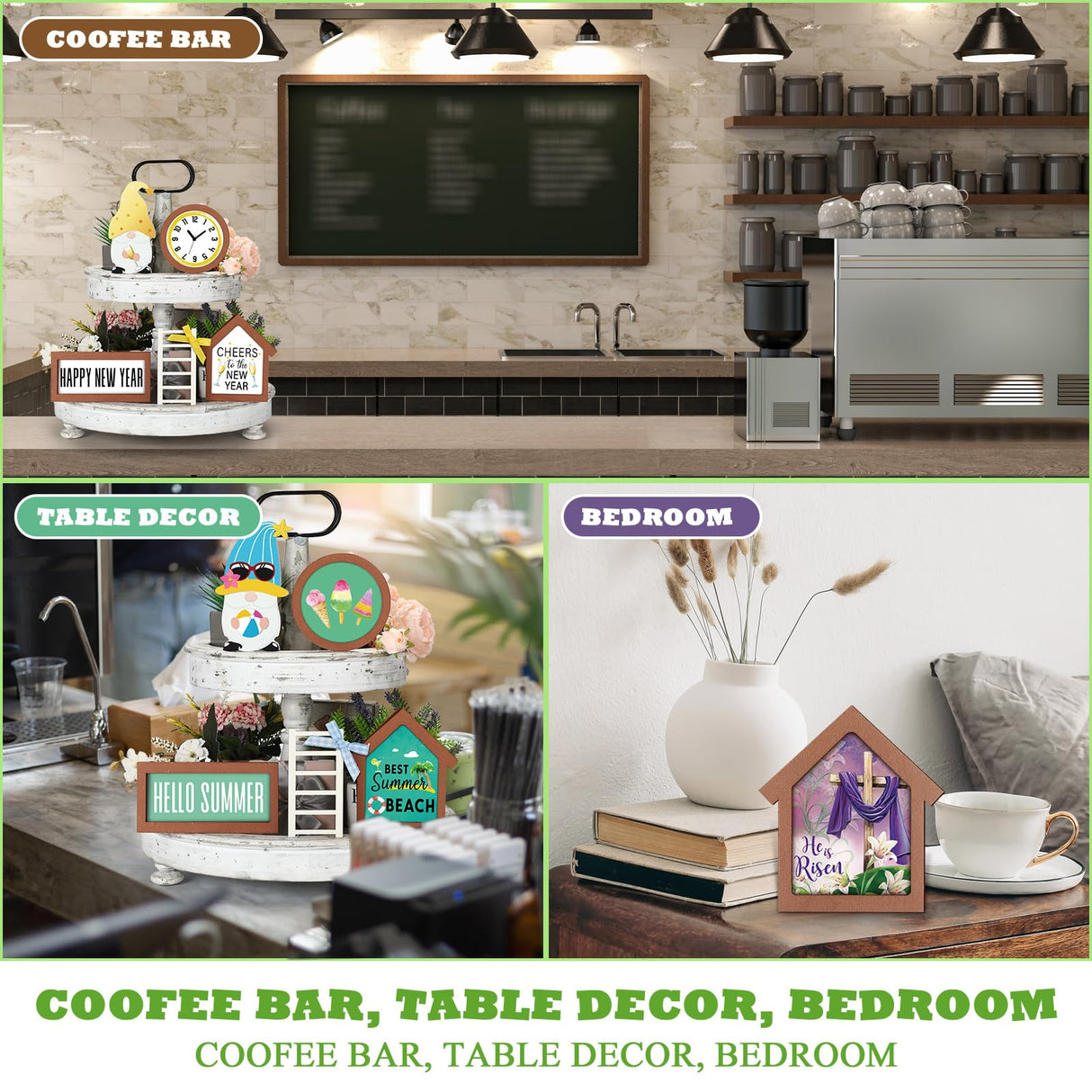 Lineshading 65 Pcs Christmas Farmhouse Tiered Tray Decor Set Interchangeable Round Seasonal Year Tray Decorations Holiday Rustic Wooden Frames Arch Ladders Cards Bow Knot for Kitchen Table Home Decor Lineshading