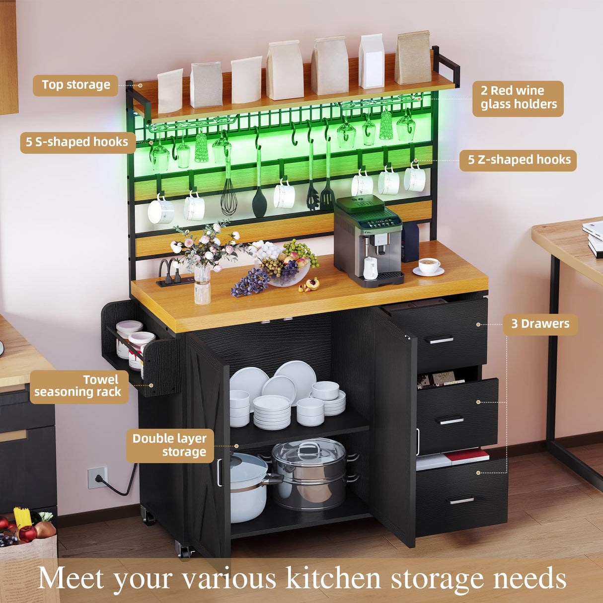 YITAHOME Bakers Rack with Power Outlet and LED Light, 53 Inch Microwave Stand with Storage Cabinet Thickened Counter, Farmhouse Coffee Bar Cabinet on Wheels Tall Shelf for Spices, Cups, Pots, Black YITAHOME