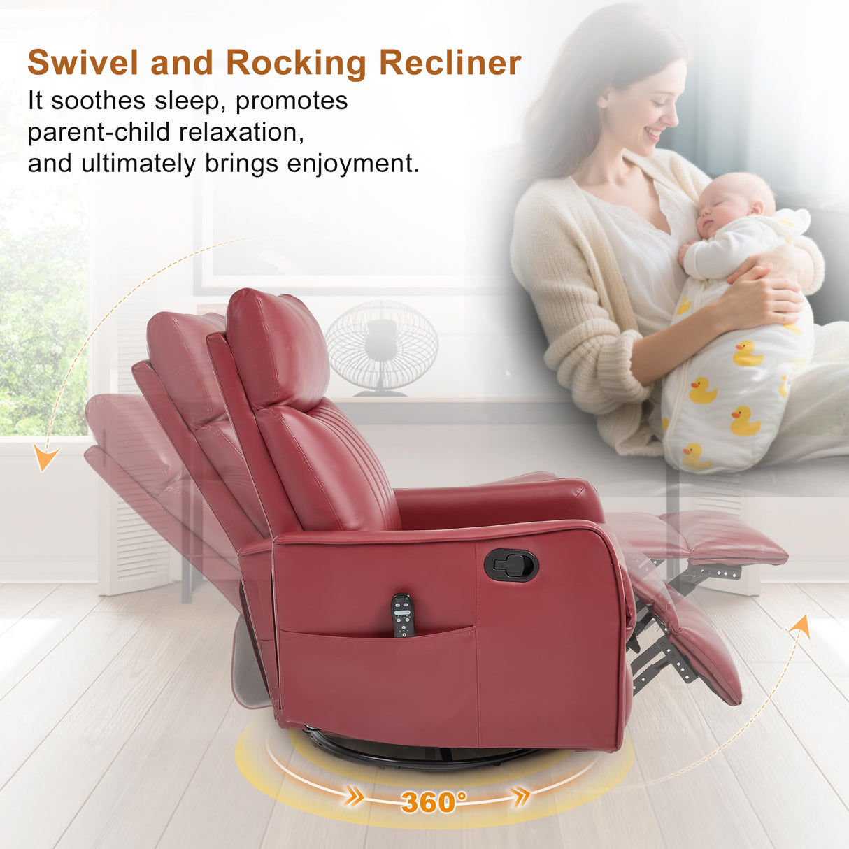 Manual Swivel Rocker Recliner Chair for Adults, Overstuffed Recliner Glider with Massage and Heat, Living Room Reclining Chair, PU Leather Red Luxlen