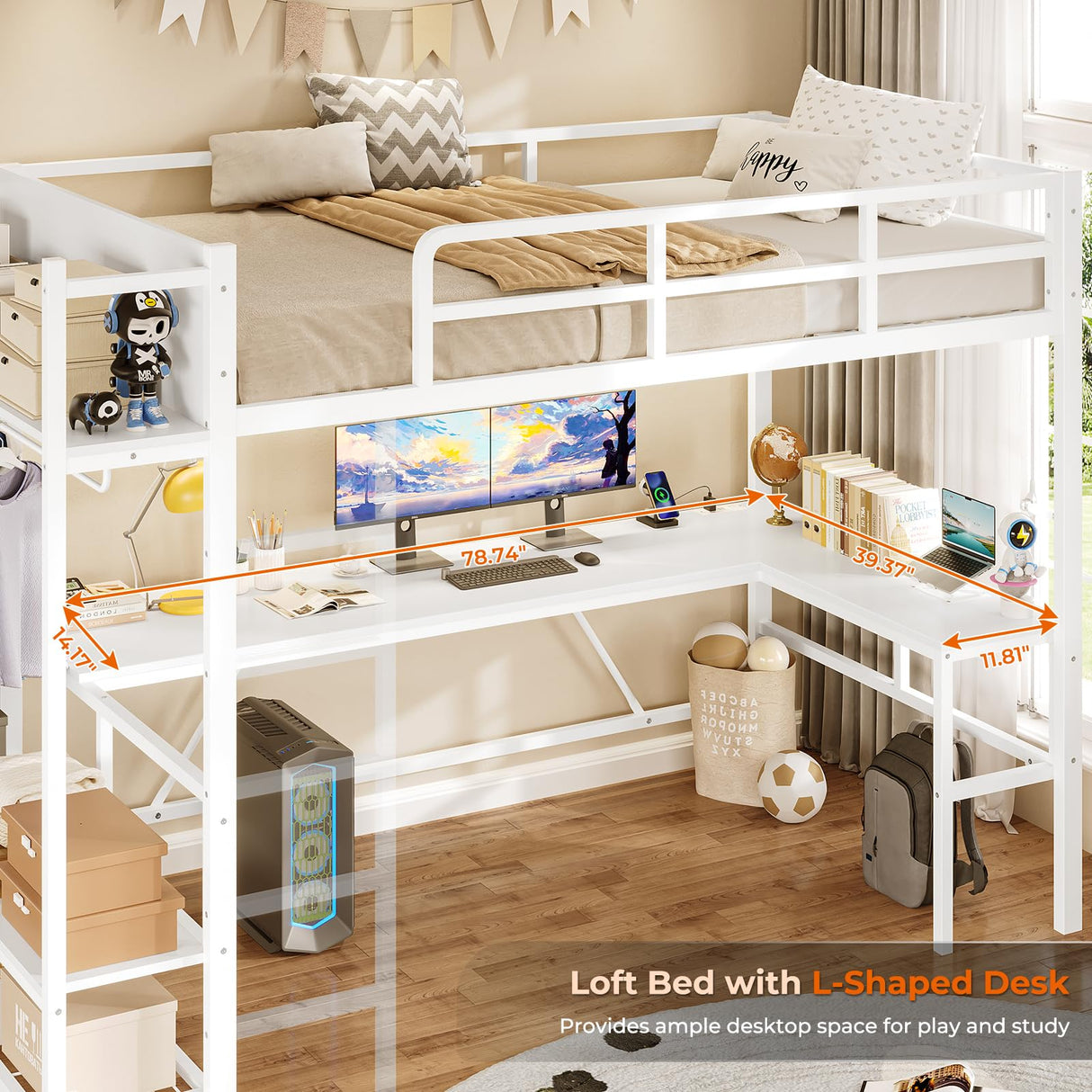 Itaar Twin Loft Bed with L-Shaped Desk, LED Lights and Charging Sation, Loft Bed Twin Size with 3-Tier Storage Shelves and Clothes Rail, Safety Guard & Ladder, No Box Spring Needed, White Itaar