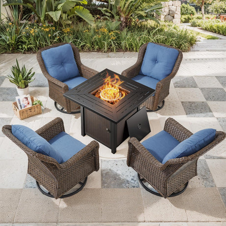 Bellefurn Patio Resin Wicker Furniture Set with Fire Pit Table, PE Rattan Swivel Patio Chairs with Propane Fire Pit Table, Brown Wicker 5PCS Patio Conversation Set Bellefurn