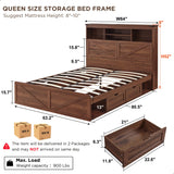 ACCOHOHO Queen Size Wood Bed Frame Farmhouse with 52" Tall Storage Bookcase Headboard, LED Light,Charging Station,4 Drawers and Solid Wood Slats Support,Noiseless,No Box Spring Needed - Brown ACCOHOHO