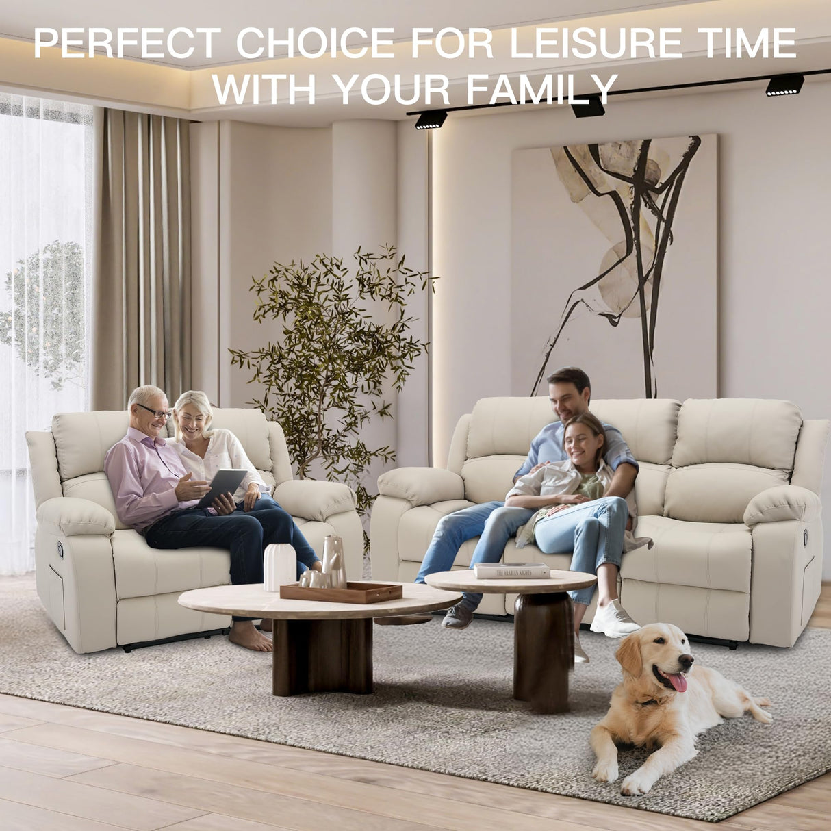 GNMLP2020 Reclining Couch Sleeper Sofa Set Chaise Lounge Chair Leather Recliner Couch Loveseat for Living Room, Theater Seating(3 Seat Sofa+Loveseat,Beige) GNMLP2020