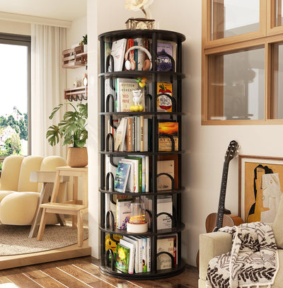Aheaplus 6 Tier Rotating Bookshelf Tower, Revolving Bookcase, 360° Round Spinning Book Shelf, Narrow Swivel Bookshelves Vertical Rolling Turning Corner Bookshelf Organizer for Small Space, Black