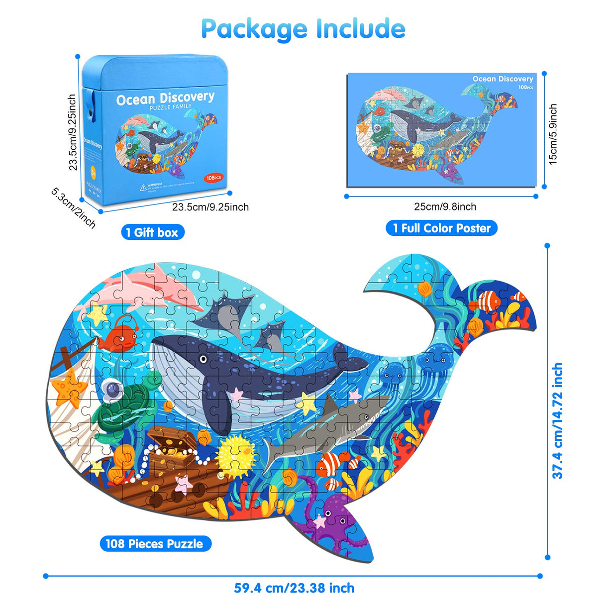 Jigsaw Puzzles for Kids Ages 4-8, 108 Pieces Whale Shaped Cardboard Puzzles for Animal Lovers, Sturdy Floor Puzzles Box and Poster, Educational Toys Gift for Boys Girls, 23.38 x 14.72 Inch AivaToba