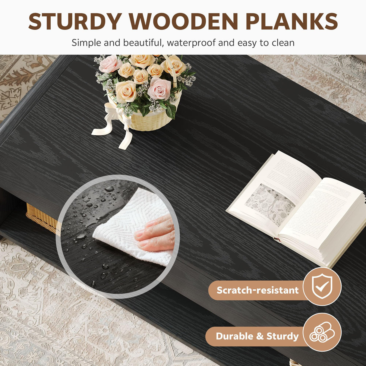 Homiflex Lift Top Coffee Table, 35'' Multi-Function Coffee Table with Hidden Compartment & Open Shelf, Curved Profile Design, Converts to Home Office Table, Dining Table for Living Room, Black Homiflex