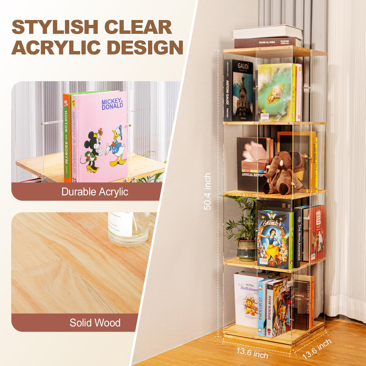 TAKEKIT 360° Rotating 4-Tier Bookshelf in Clear Acrylic & Solid Wood for Stylish Storage TAKEKIT