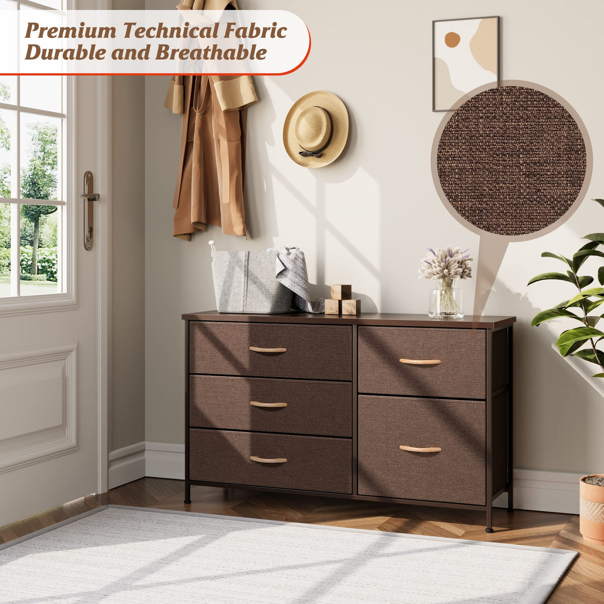 Nicehill Dresser for Bedroom with 5 Drawers, Storage Drawer Organizer, Wide Chest of Drawers for Closet, Clothes, Kids, Baby, TV Stand with Storage Drawers, Wood Board, Fabric Drawers（Brown） Nicehill