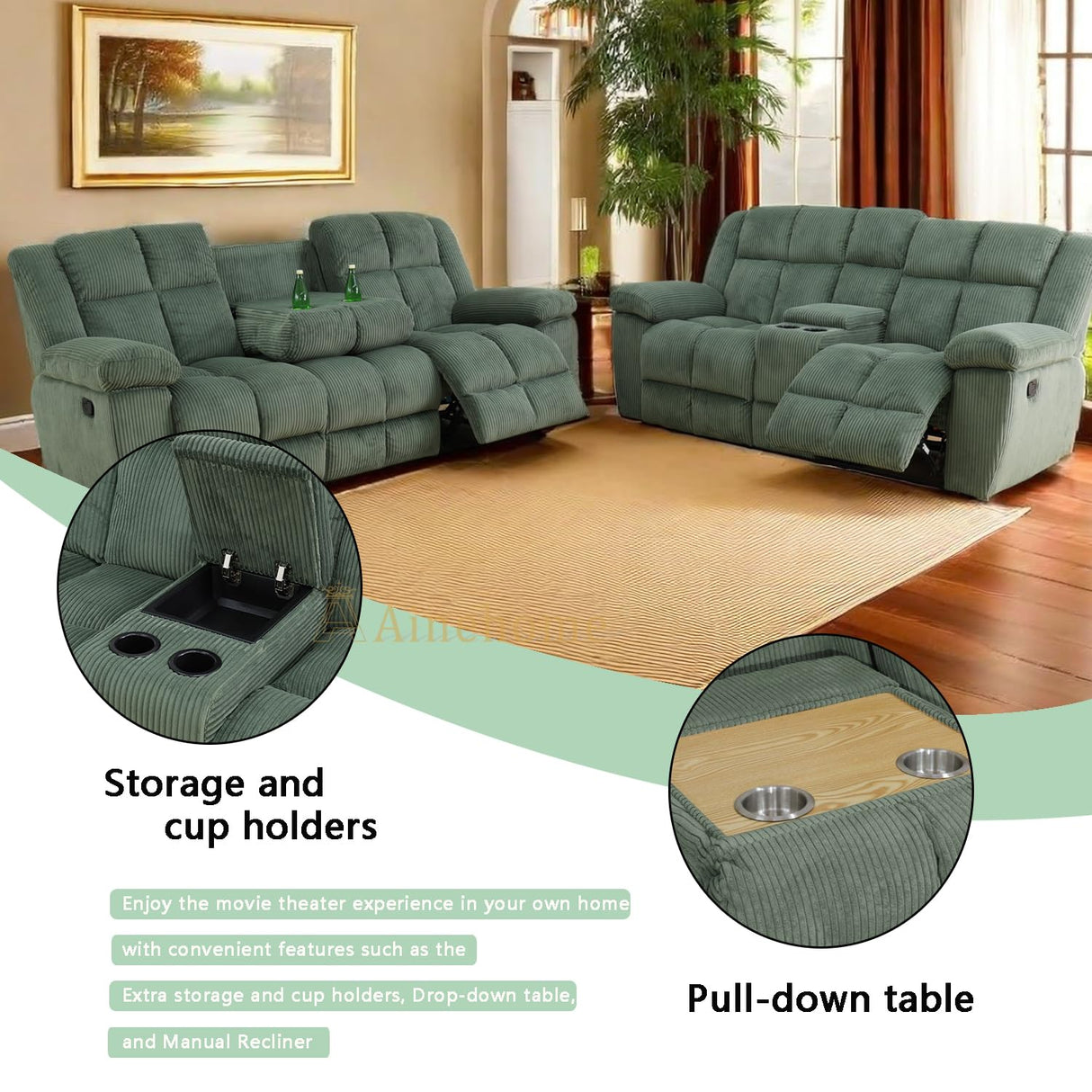 A Ainehome Manual Recliner Sofa Set, Corduroy Recliner Chair, Modern Loveseat Sofa, Modern Reclining Sofa Couch and Recliner Couches for Living Room/Office(Sofa+Loveseat, Green) A Ainehome