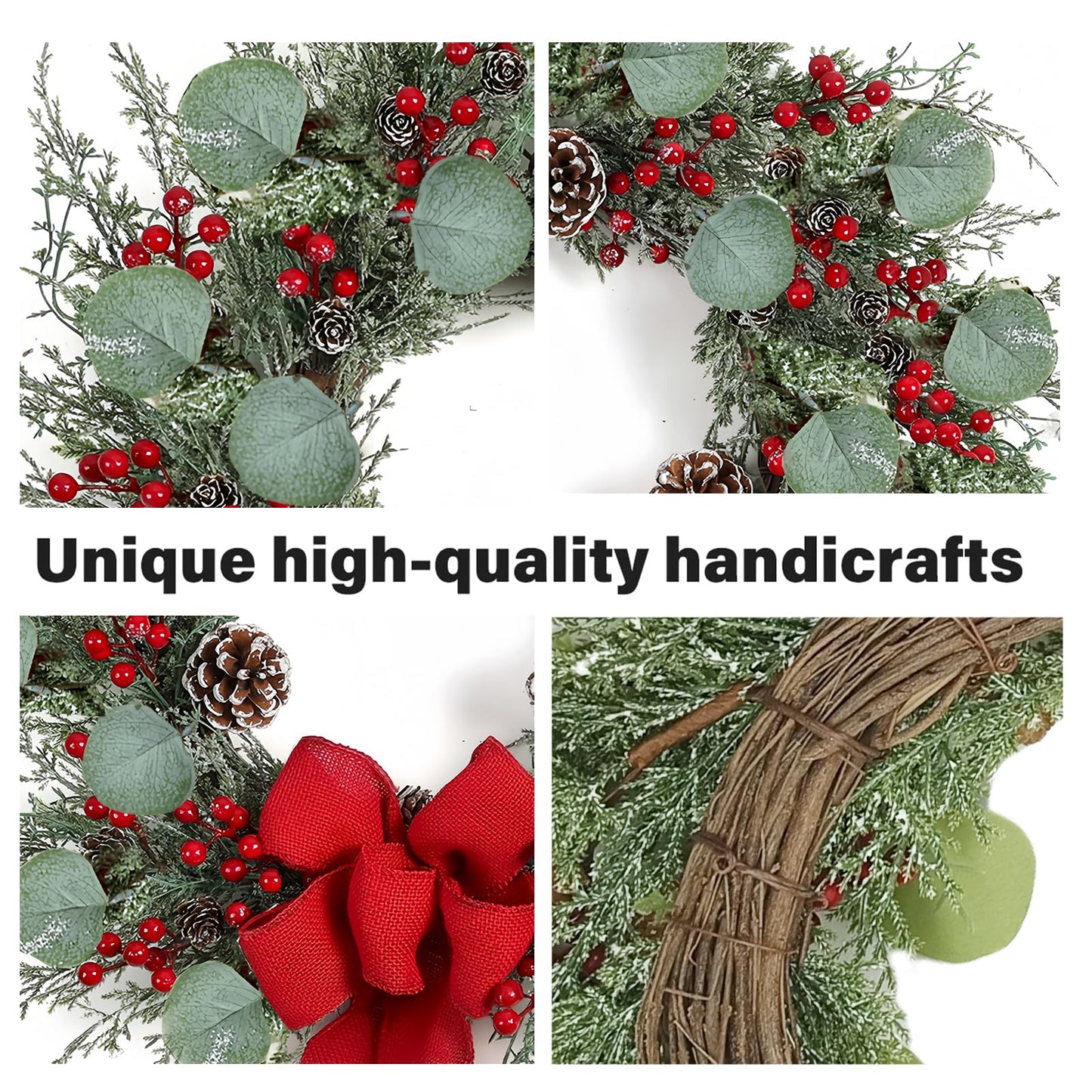 zjlmit 20 Inch Artificial Christmas Wreath Christmas Wreaths for Front Door with Pine Needles Pine Cones Red Berries Eucalyptus Leaves Red Bow for Home Office Wall Window Fireplace Winter Holidays