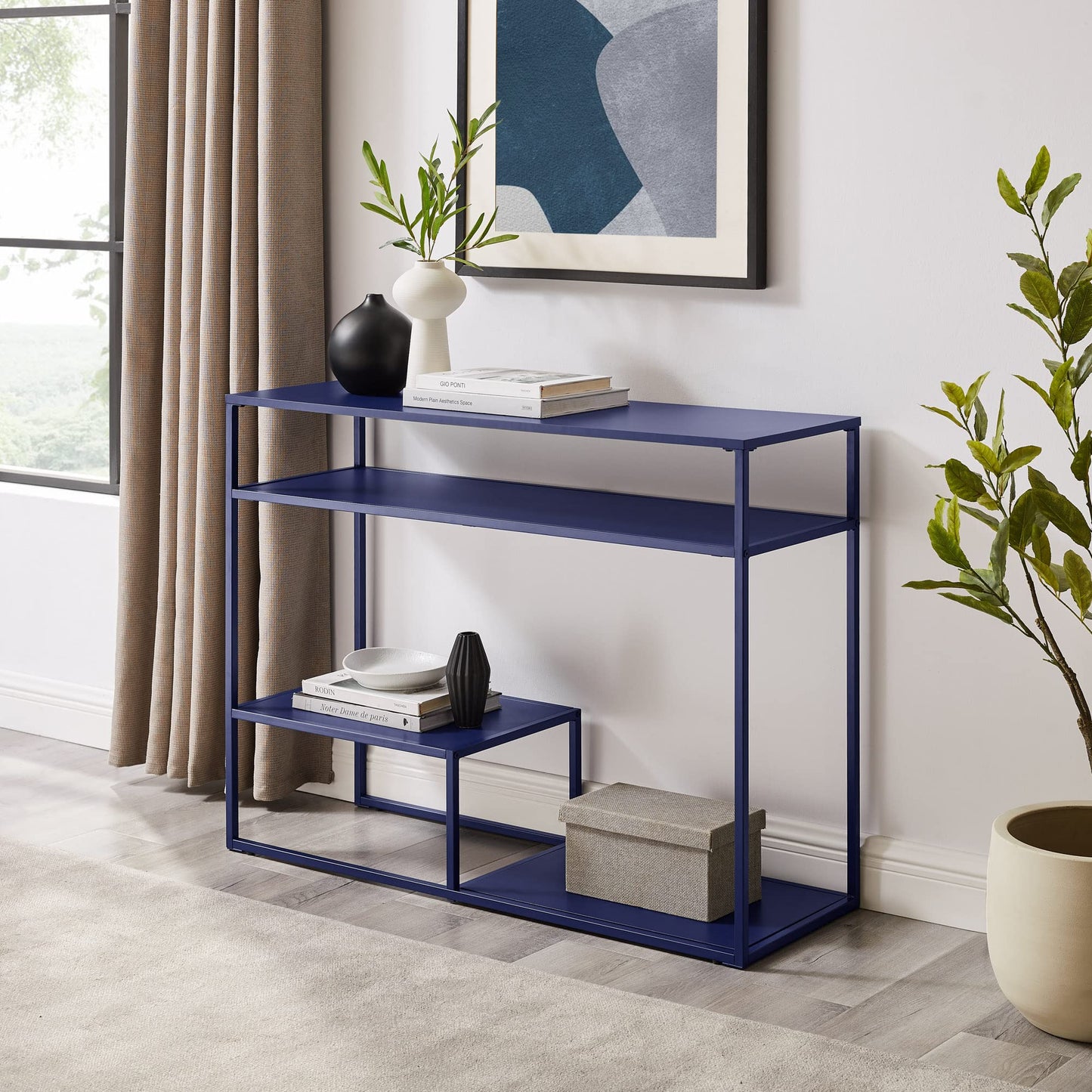 Walker Edison Modern Metal and Wood Tiered Entry Table, 42 Inch, Blue - WoodArtSupply