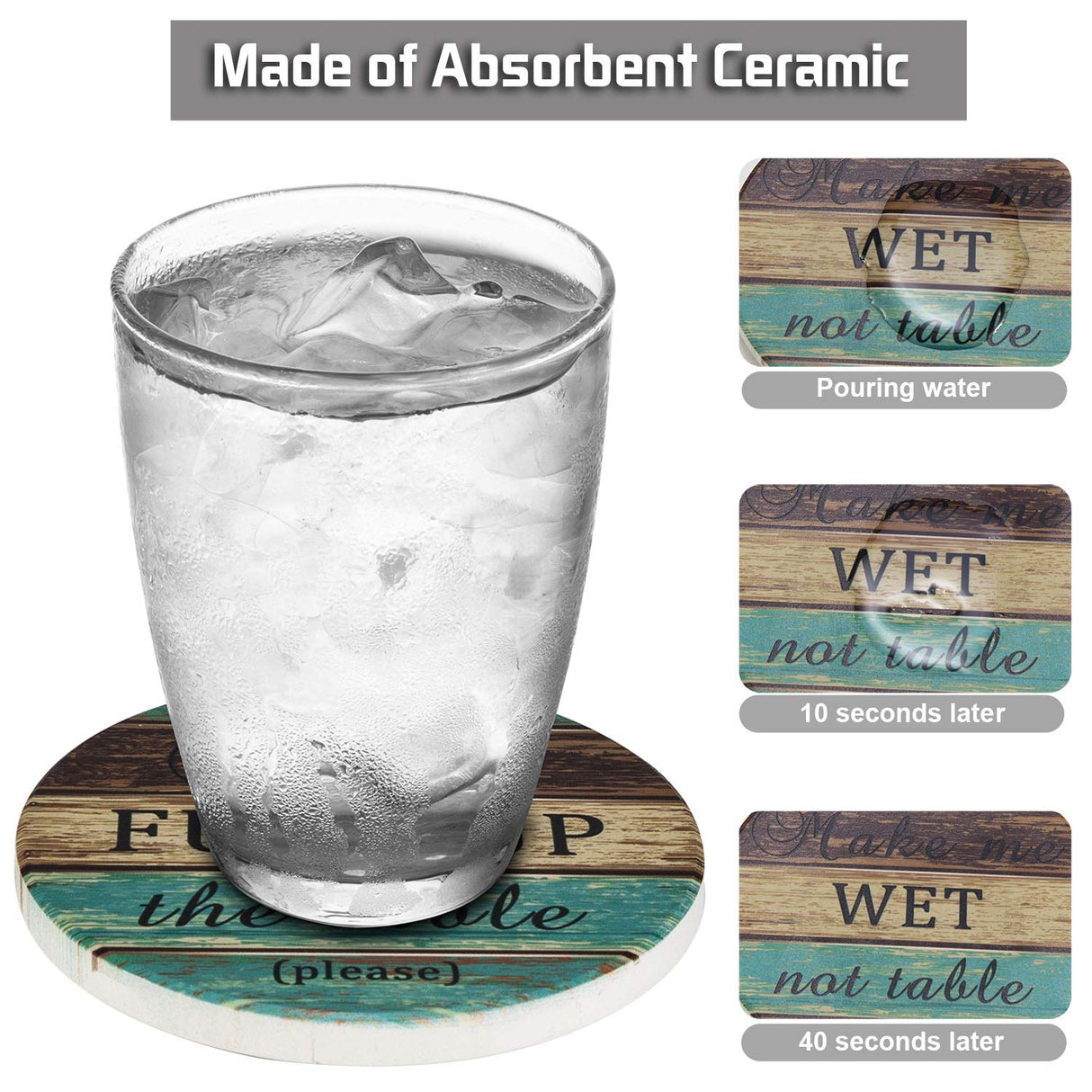 Ceramic Coasters for Drinks Absorbent, Esur Rustic Farmhouse Stone Coaster Set of 6 with Metal Holder for Wooden Table Protection, Funny Style for Bar Home Decor, Housewarming Gift esur