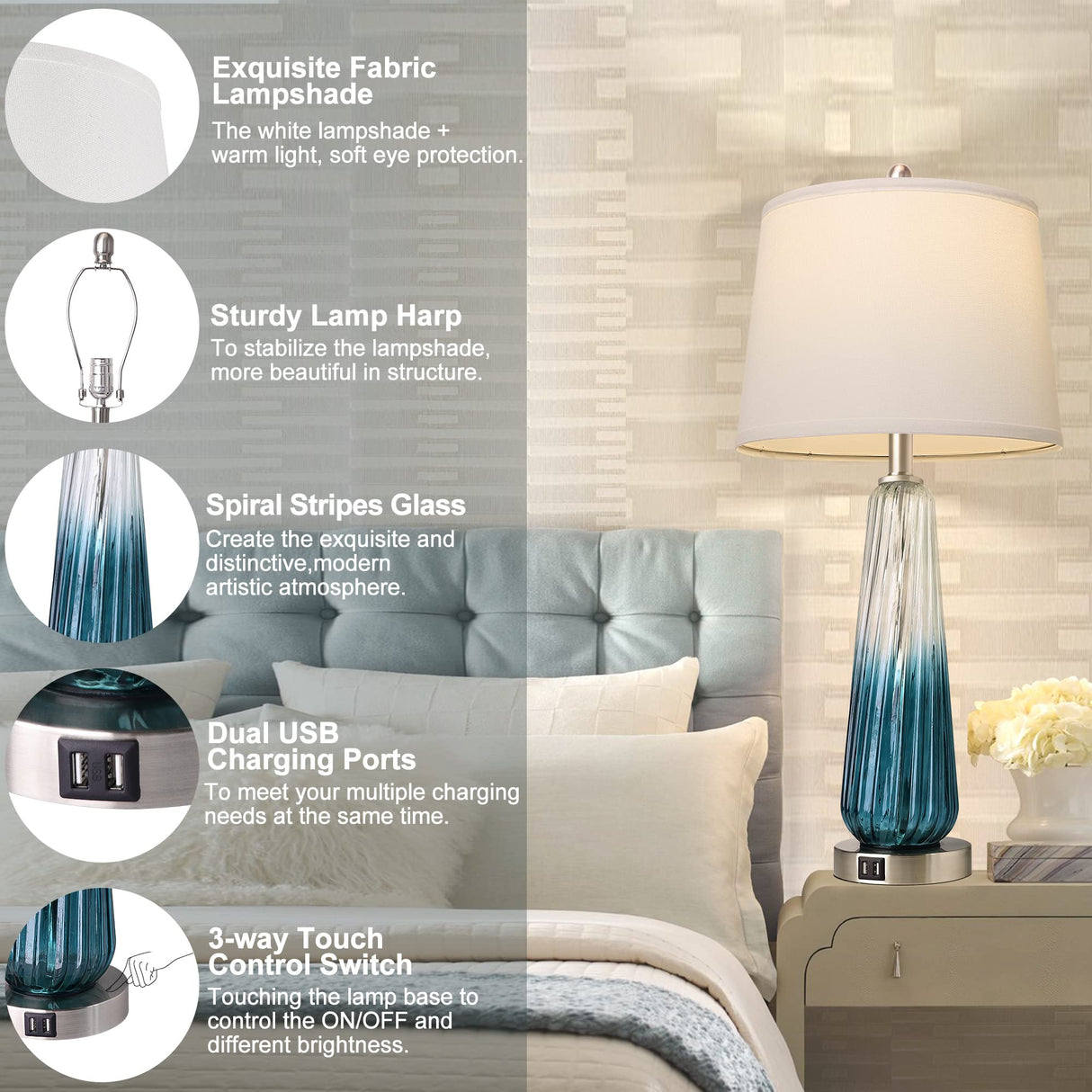 Table Lamps for Living Room with Touch Control, 3-Way Dimmable Bedside Lamps with 2 USB Ports, Modern Glass Nightstand Lamp with White Fabric Shade, 27.5" Large Lamps for Home Bedrooms Decorations QiMH