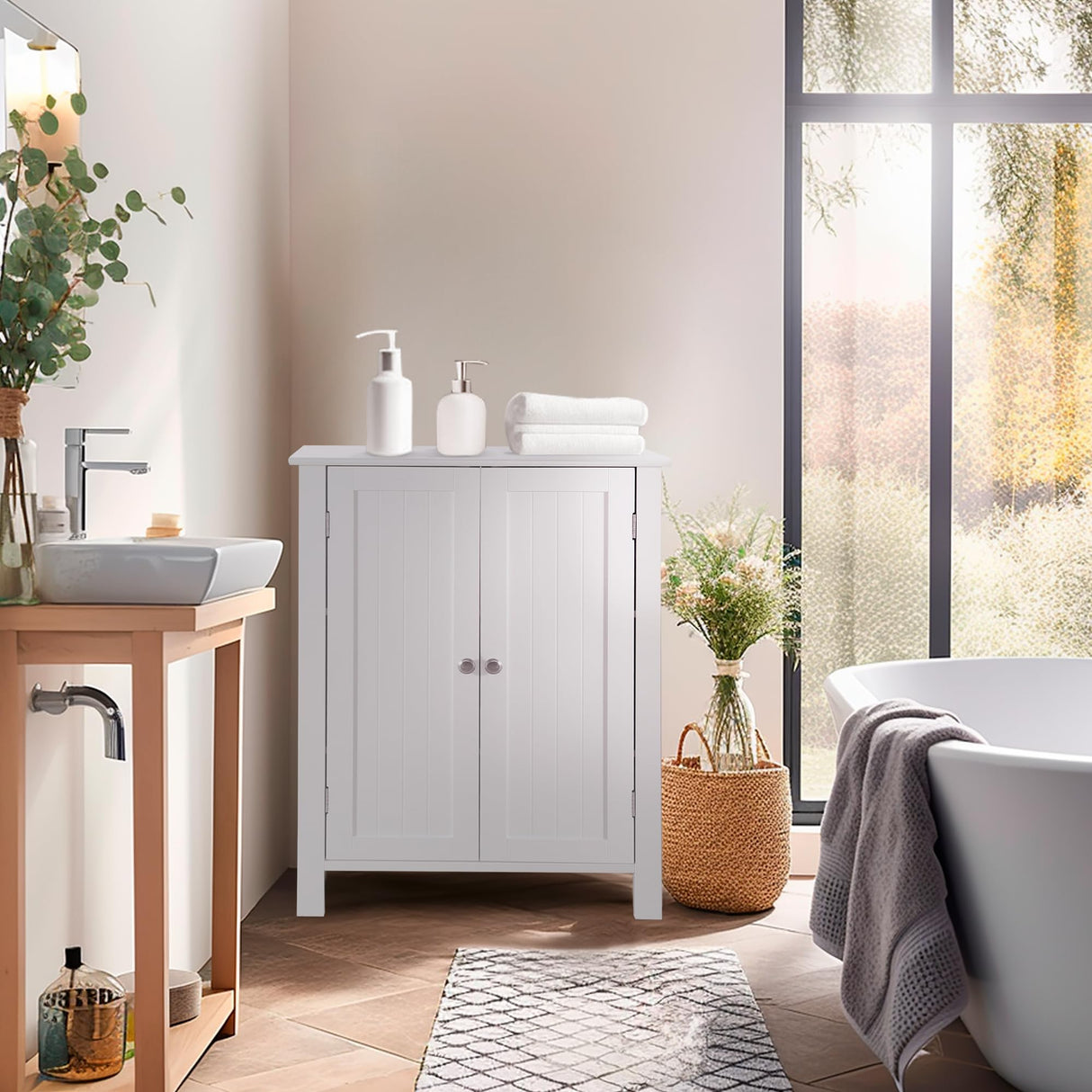 ZENY Bathroom Floor Storage Cabinet with Double Door + Adjustable Shelf, Wooden Organizer Cabinet for Living Room, Bathroom, Bedroom, Modern Home Furniture (White) ZENY